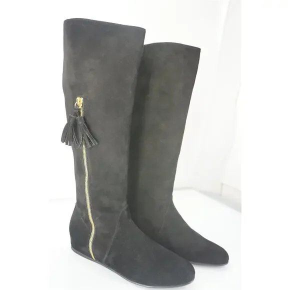 Stuart Weitzman Tass black suede wedge Tall boots size 6.5 New $635 gold zip